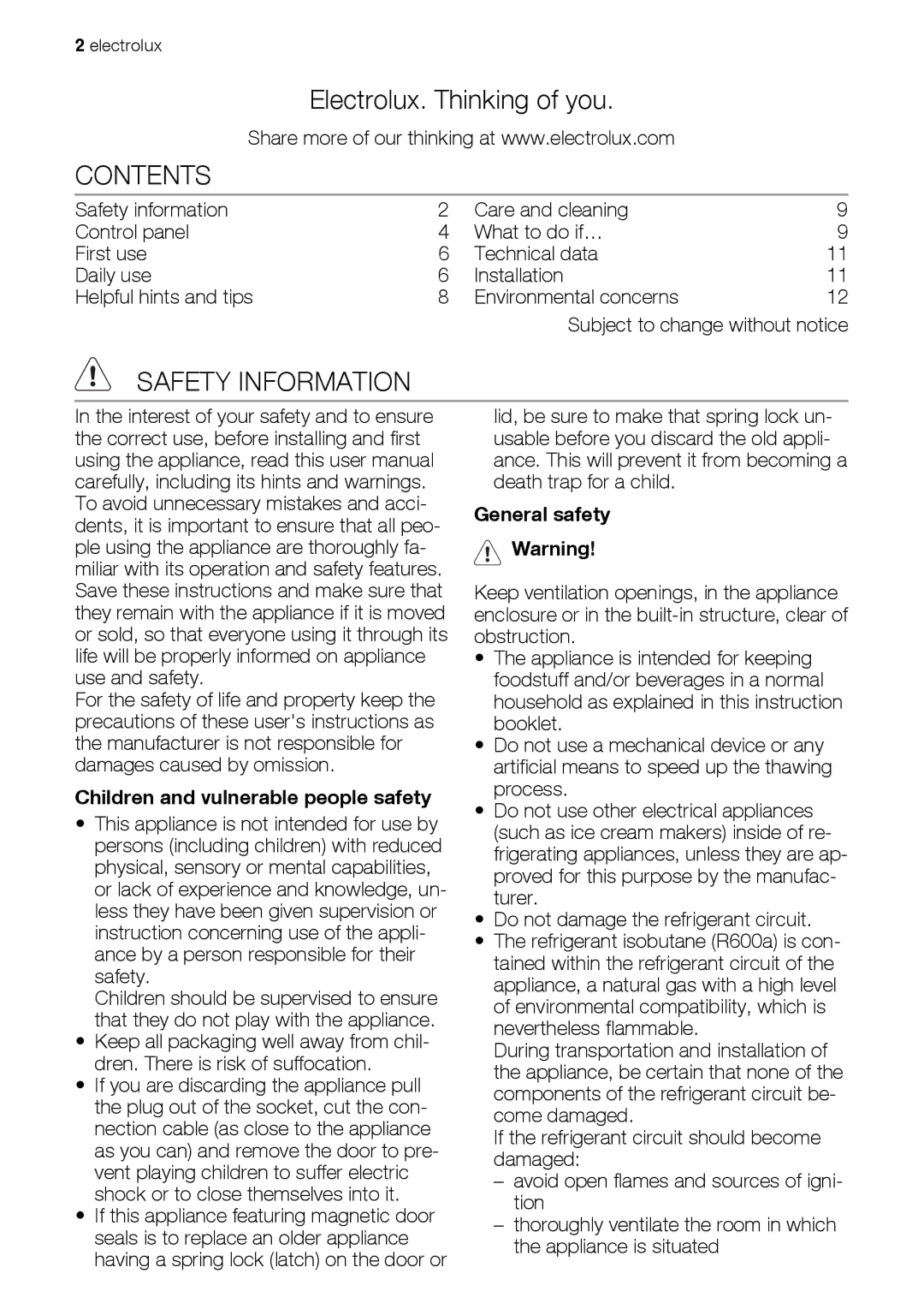 Electrolux ECF31461W user manual Contents, Safety Information 