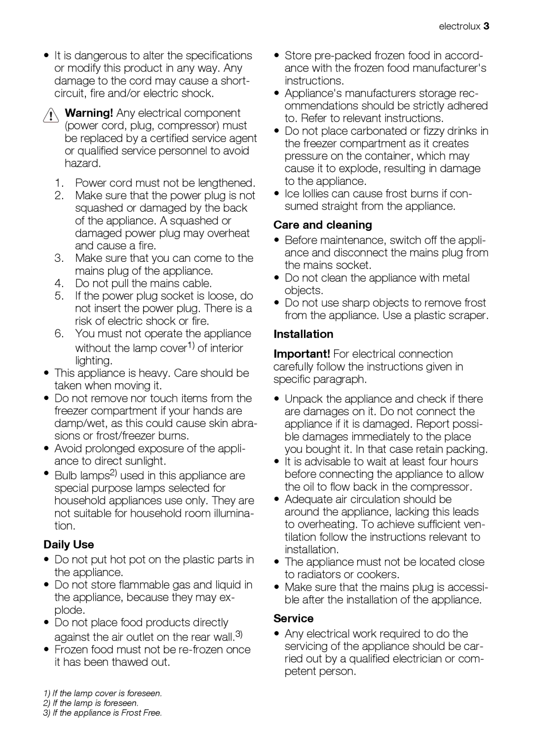 Electrolux ECF31461W user manual Daily Use, Care and cleaning, Installation, Service 