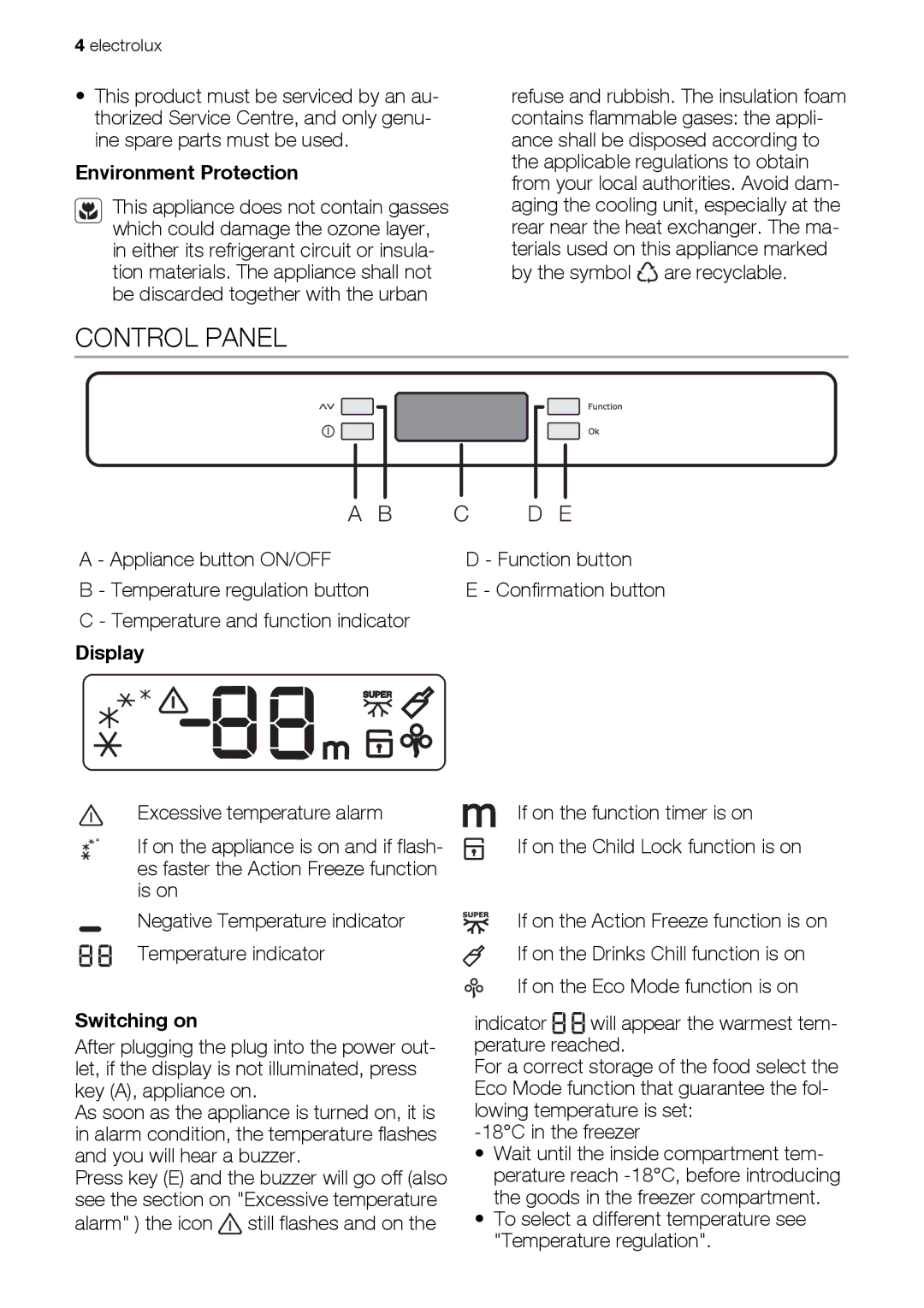 Electrolux ECF31461W user manual Control Panel, Environment Protection, Display, Switching on 