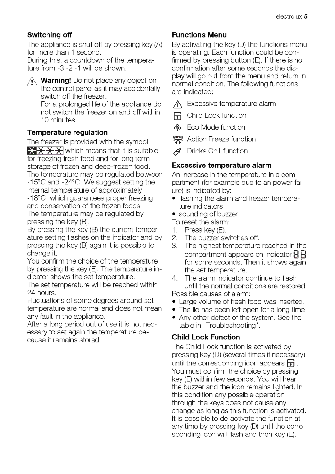 Electrolux ECF31461W user manual Switching off, Temperature regulation, Functions Menu, Excessive temperature alarm 