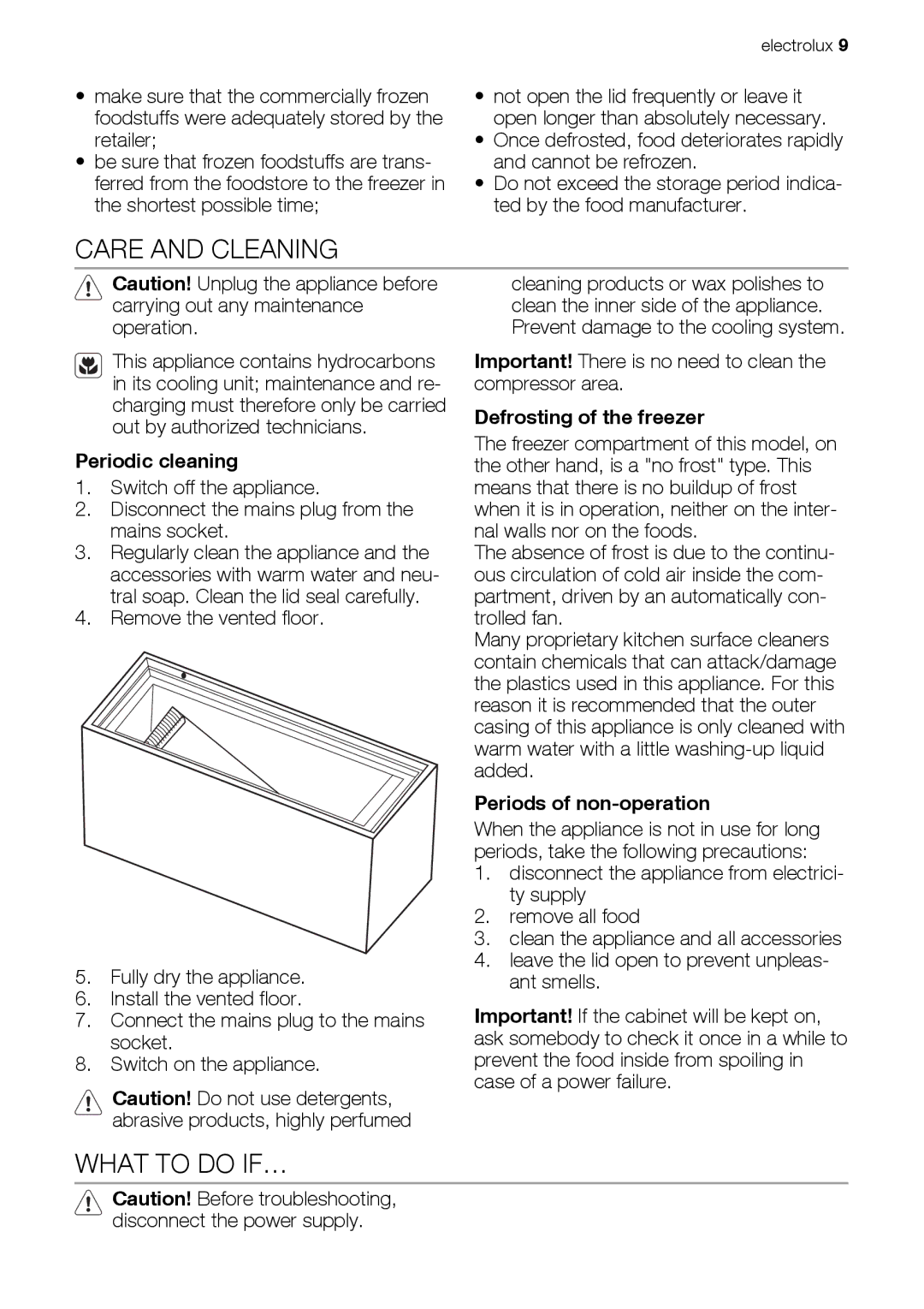 Electrolux ECF31461W user manual Care and Cleaning, What to do IF…, Periodic cleaning, Defrosting of the freezer 