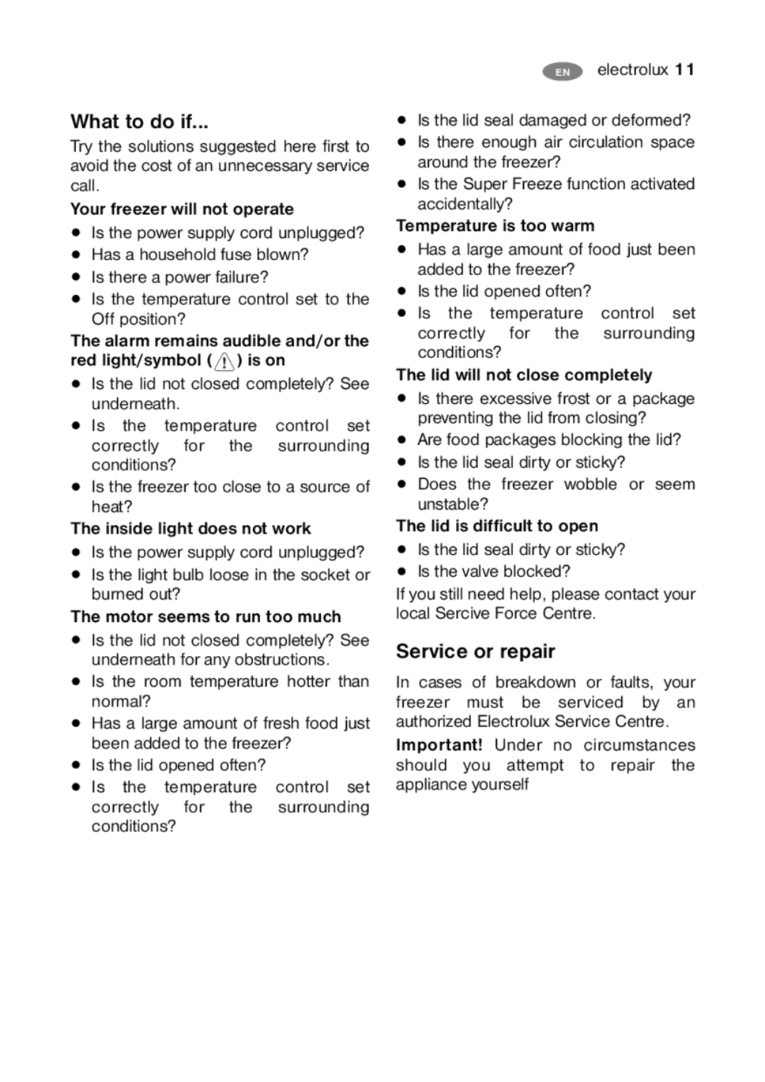 Electrolux ECF24460W, ECF35460W, ECF27460W user manual What to do if, Service or repair 