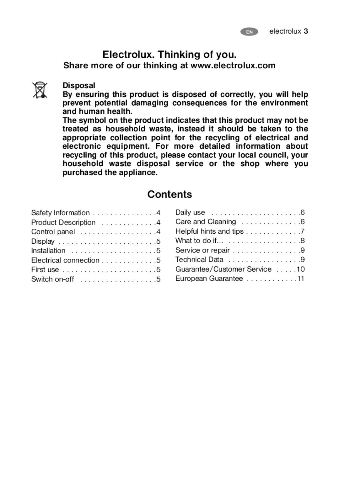 Electrolux ECF35460W, ECF27460W, ECF24460W user manual Electrolux. Thinking of you, Contents 