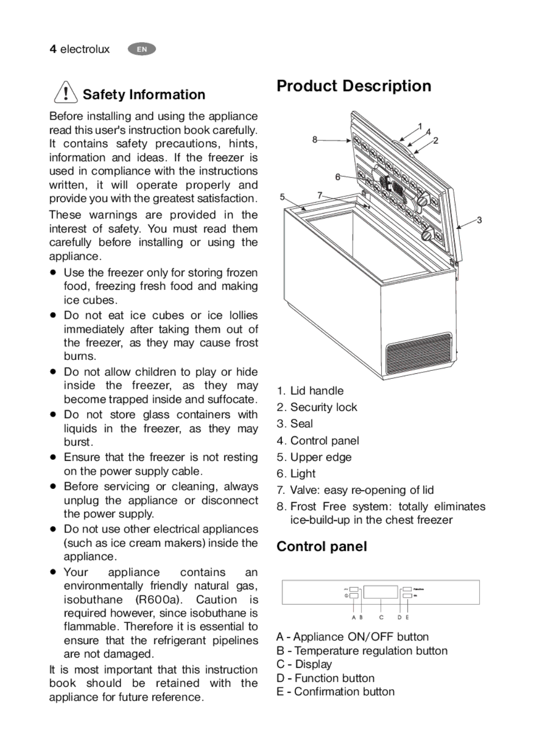 Electrolux ECF27460W, ECF35460W, ECF24460W user manual Product Description, Safety Information, Control panel 