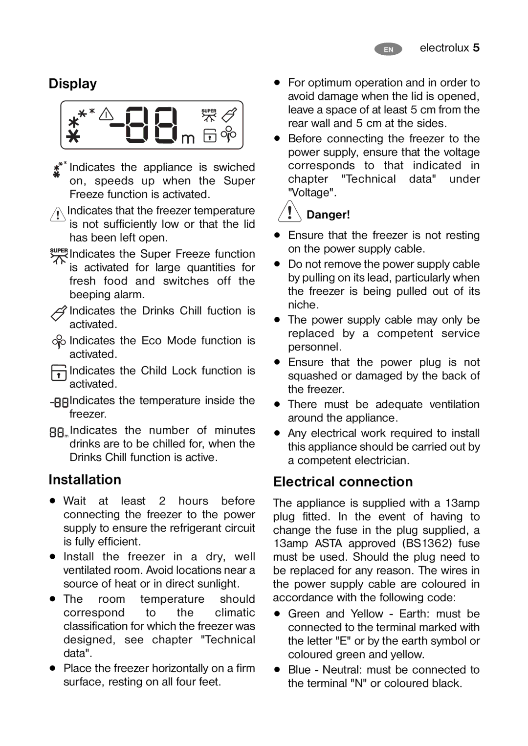 Electrolux ECF24460W, ECF35460W, ECF27460W user manual Display, Installation, Electrical connection 