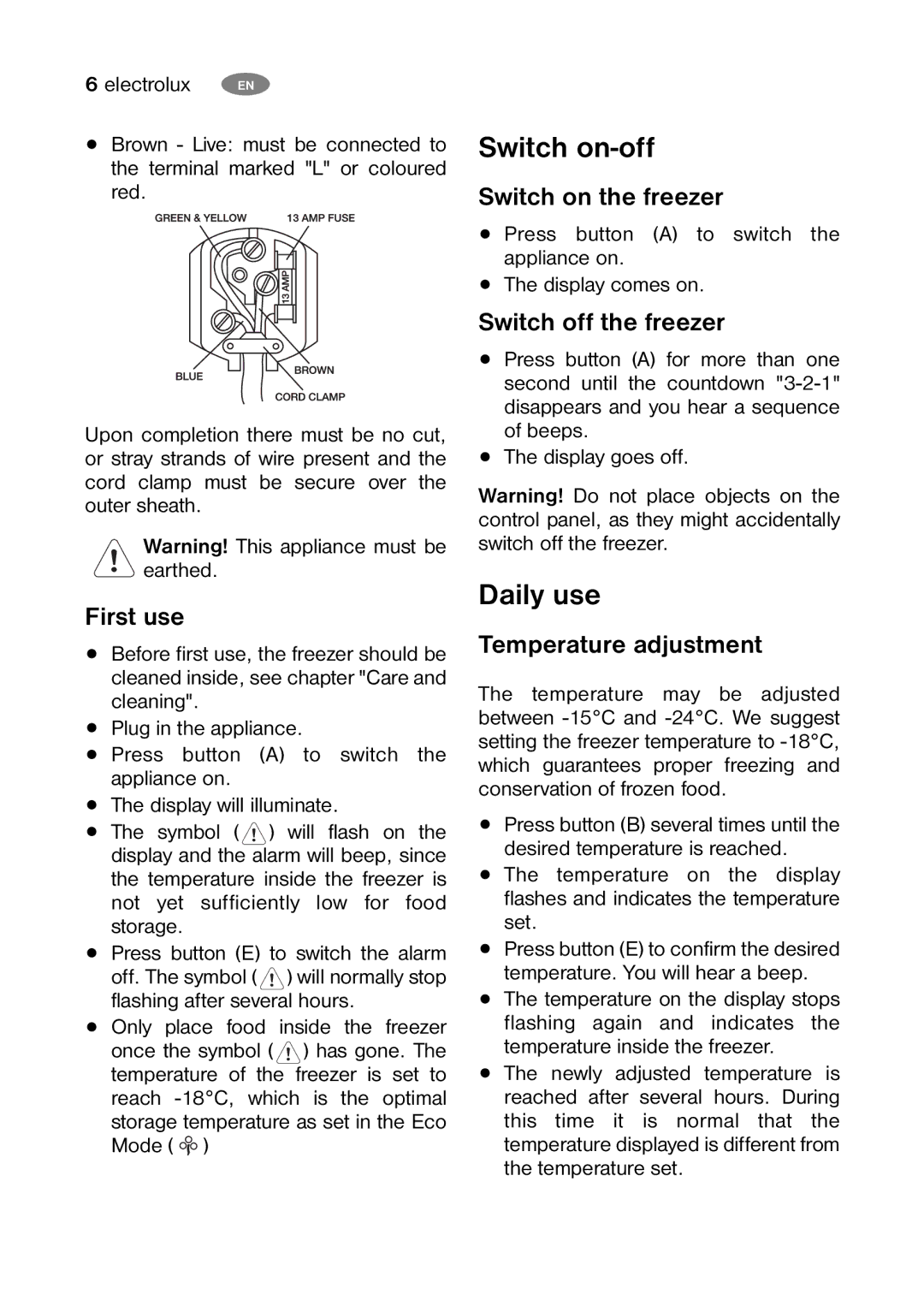 Electrolux ECF35460W, ECF27460W, ECF24460W user manual Switch on-off, Daily use 