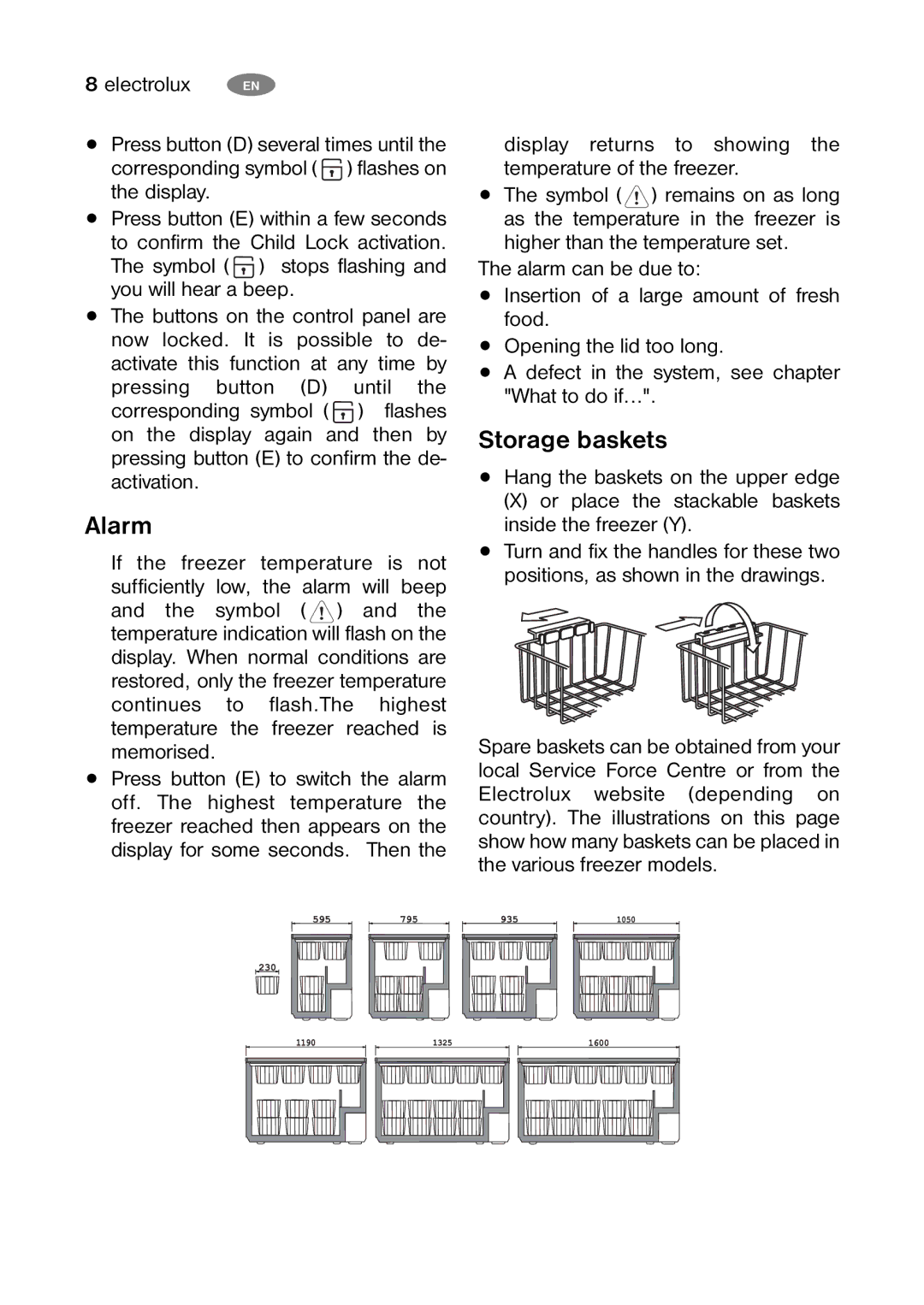 Electrolux ECF24460W, ECF35460W, ECF27460W user manual Alarm, Storage baskets 