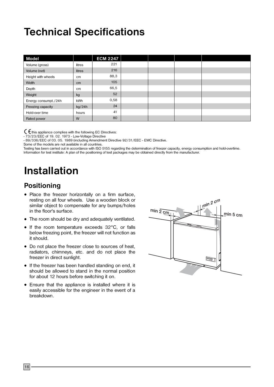 Electrolux ECM 2247 manual Technical Specifications, Installation 