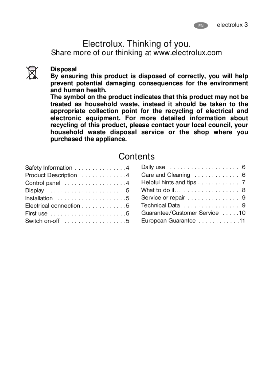 Electrolux ECM 26325 W, ECM 30325 W user manual Electrolux. Thinking of you, Contents 