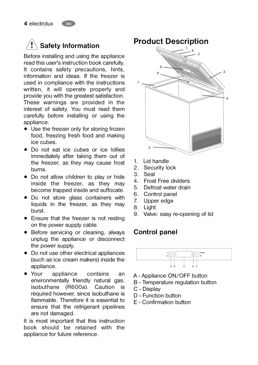 Electrolux ECM 30325 W, ECM 26325 W user manual Product Description, Safety Information, Control panel 