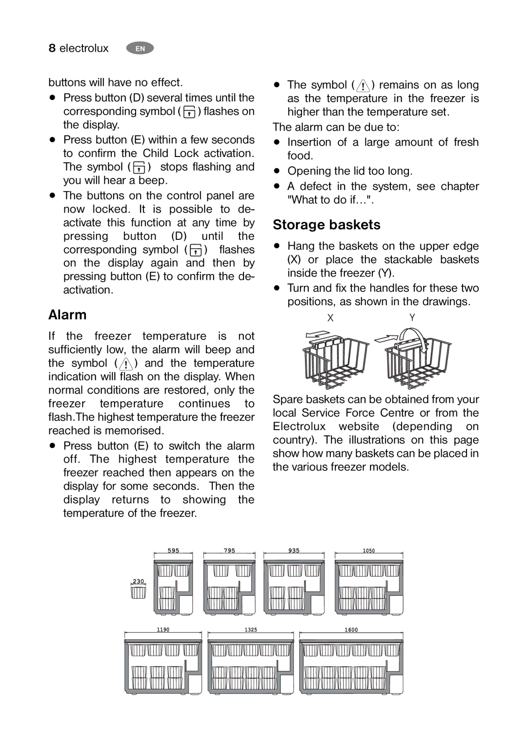 Electrolux ECM 30325 W, ECM 26325 W user manual Alarm, Storage baskets 