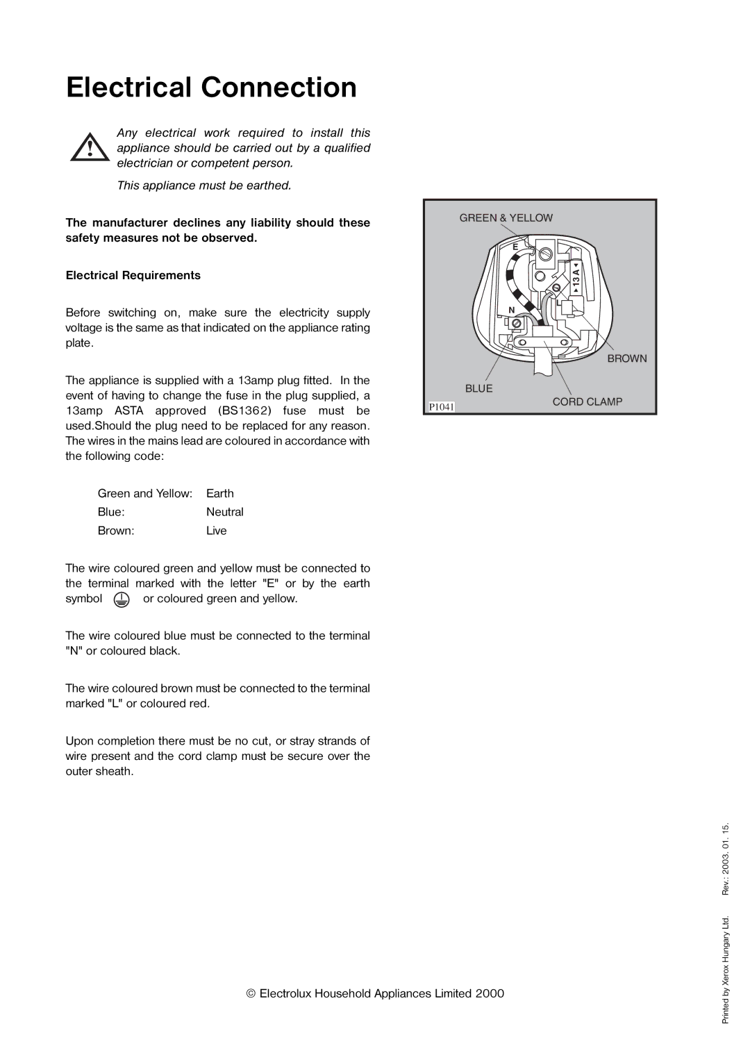 Electrolux ECM 3057, ECM 2257, ECM 1957, ECM 3857 manual Electrical Connection 