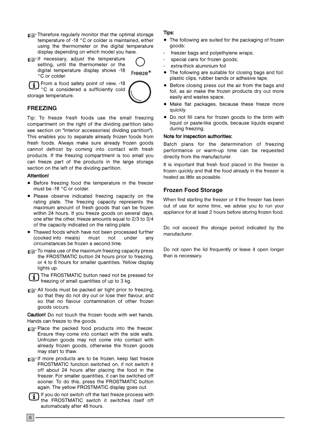 Electrolux ECM 1957, ECM 3057, ECM 2257, ECM 3857 manual Freezing, Frozen Food Storage 