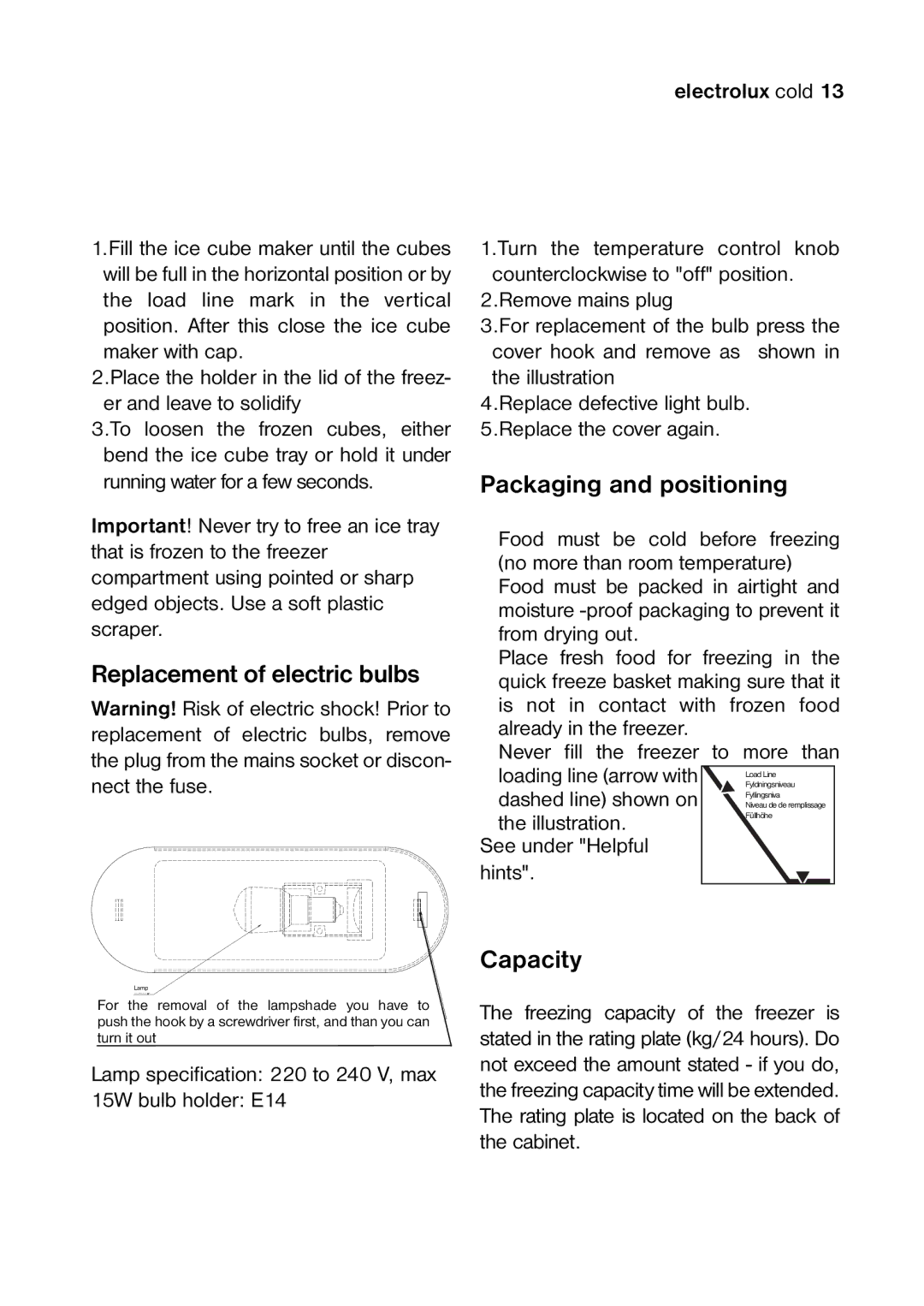 Electrolux ECM2771, ECM2471, ECM3571 manual Replacement of electric bulbs, Packaging and positioning, Capacity 