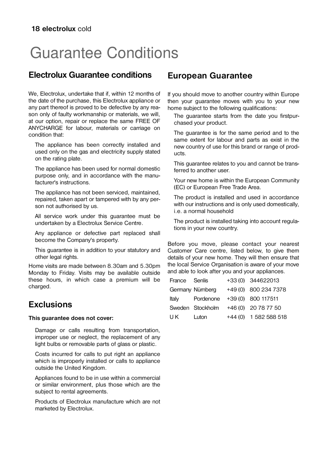 Electrolux ECM2471, ECM2771, ECM3571 manual Guarantee Conditions, Exclusions 