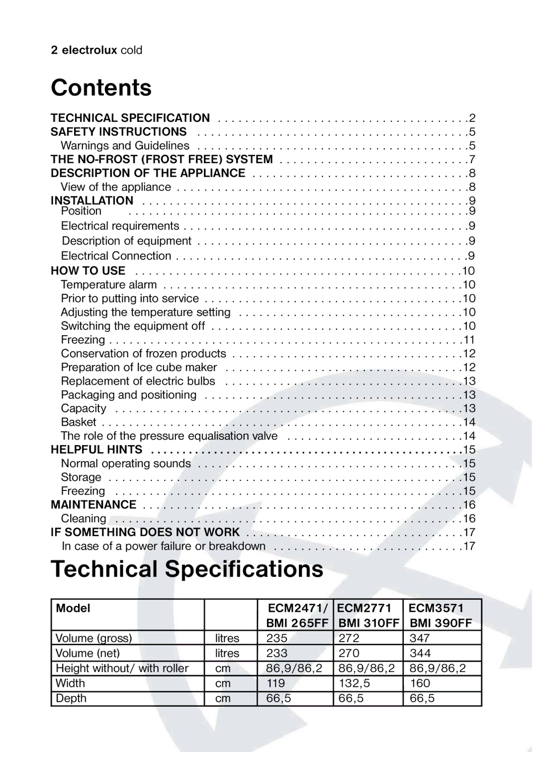 Electrolux ECM3571, ECM2471, ECM2771 manual Contents, Technical Specifications 