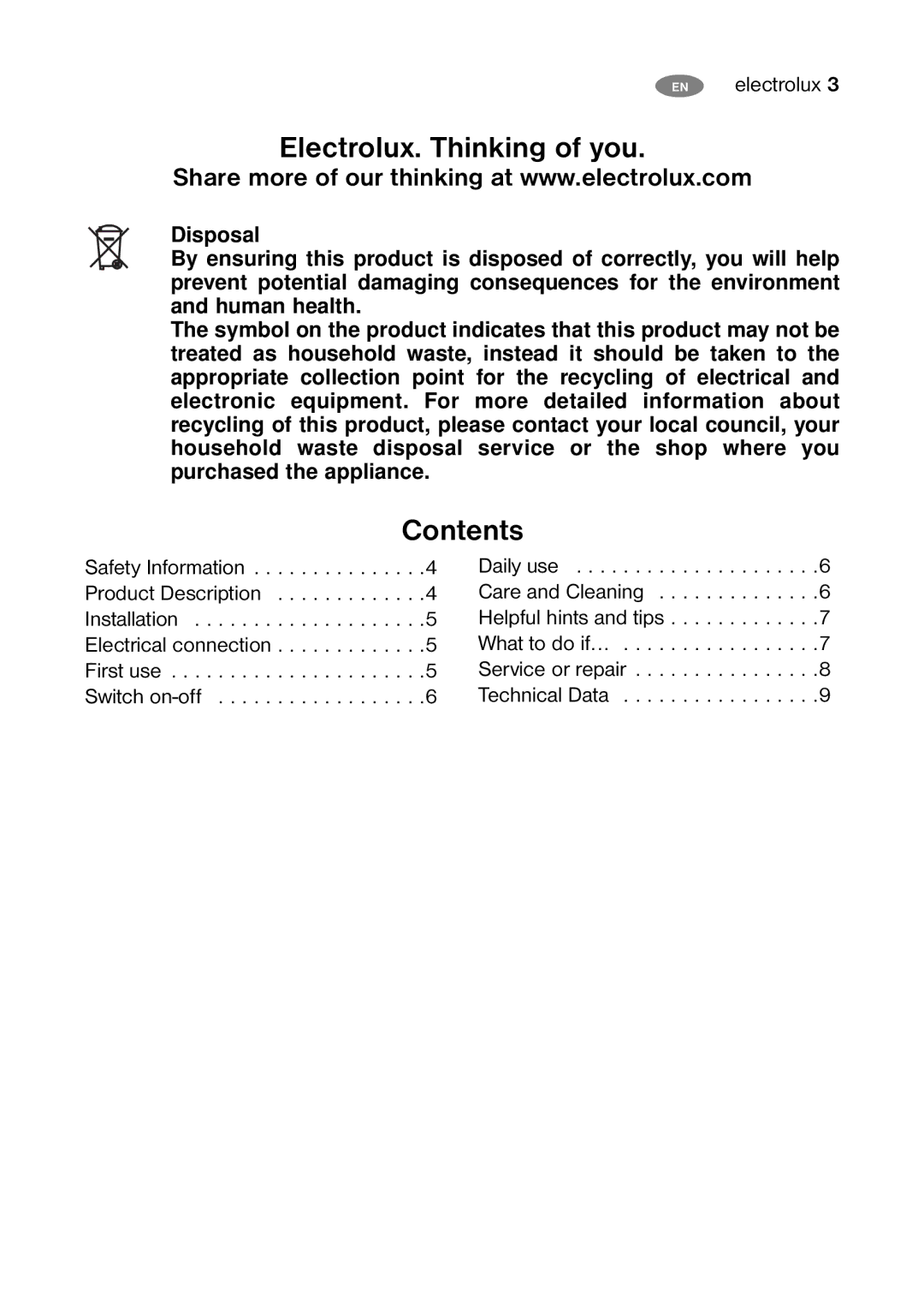 Electrolux ECN 1050 user manual Electrolux. Thinking of you, Contents 