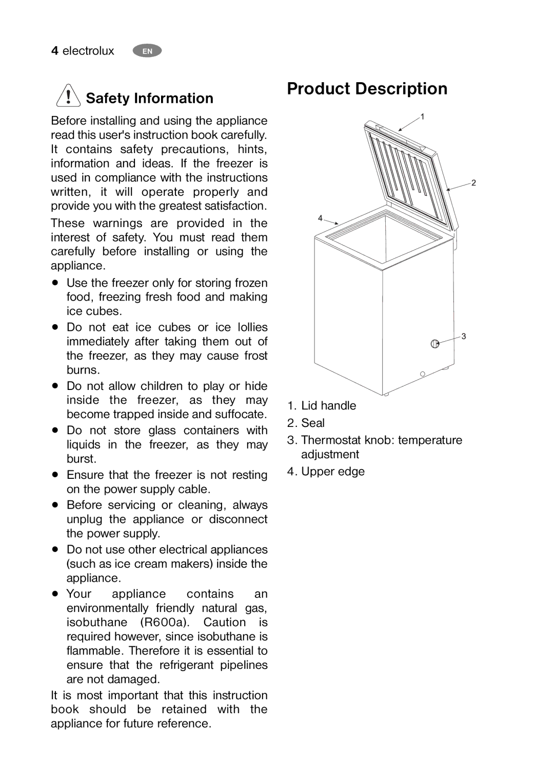 Electrolux ECN 1050 user manual Product Description, Safety Information 