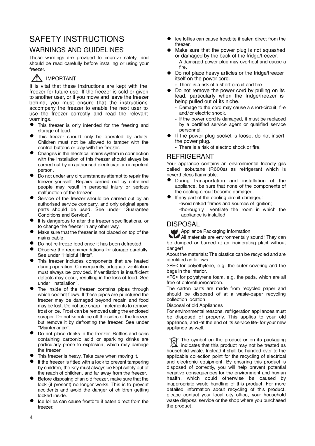 Electrolux ECN 1051 installation manual Safety Instructions, Refrigerant, Disposal 