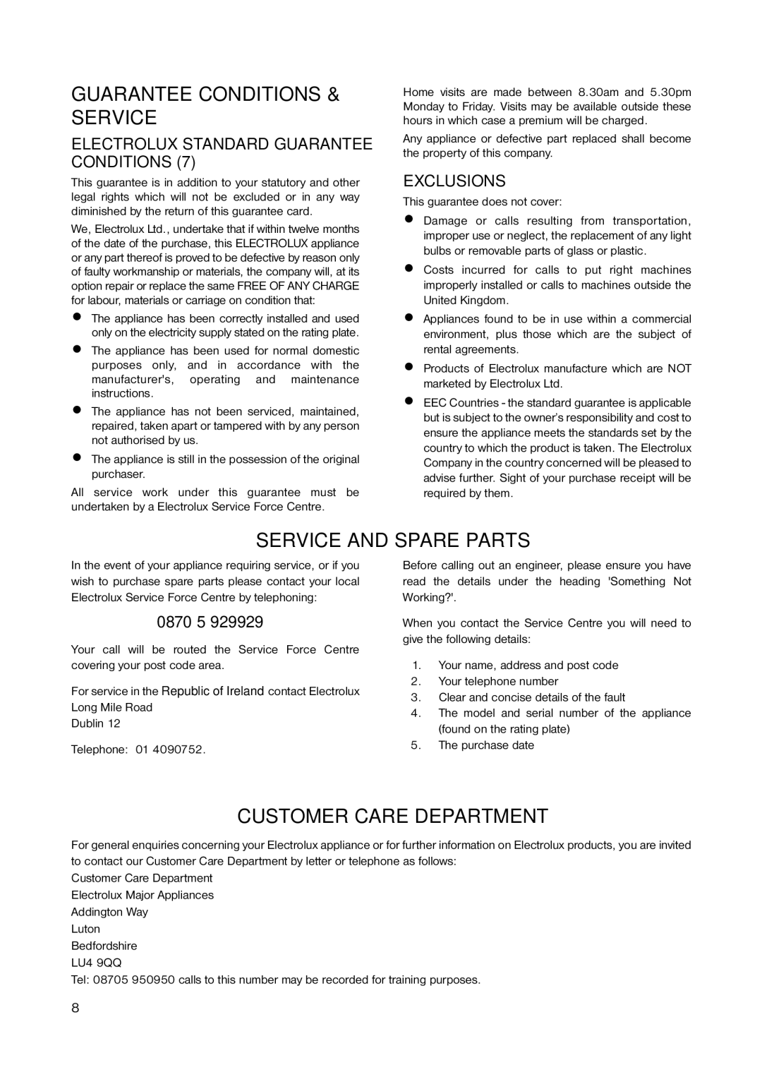 Electrolux ECN 1051 Guarantee Conditions & Service, Service and Spare Parts, Customer Care Department, Exclusions 