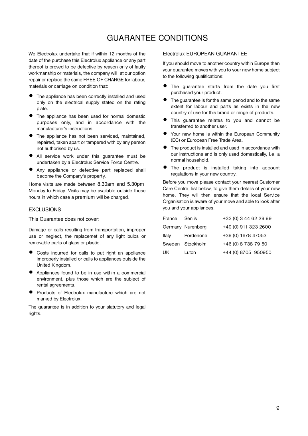 Electrolux ECN 1051 installation manual Guarantee Conditions, Exclusions 