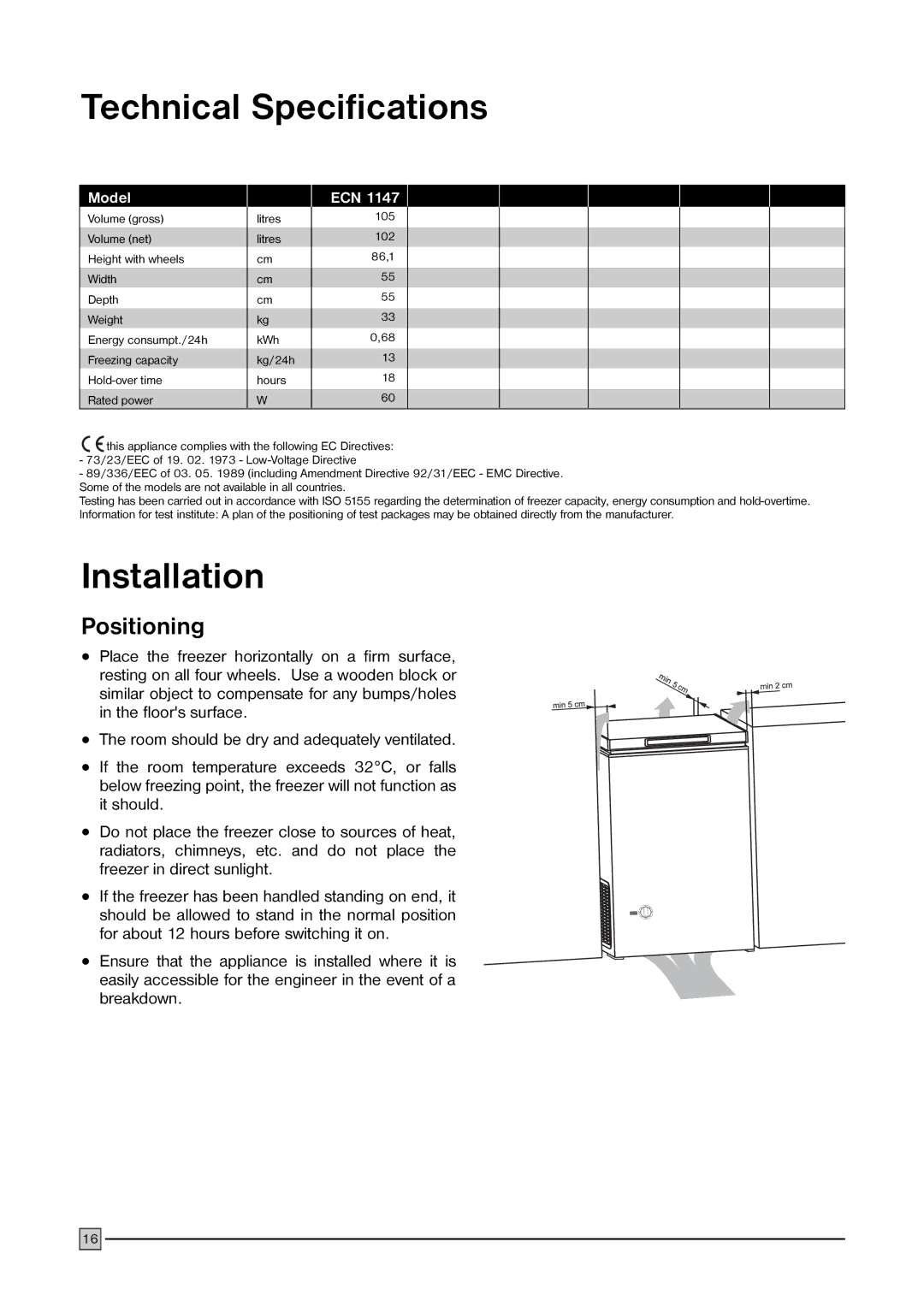 Electrolux ECN 1147 installation manual Technical Specifications, Installation 