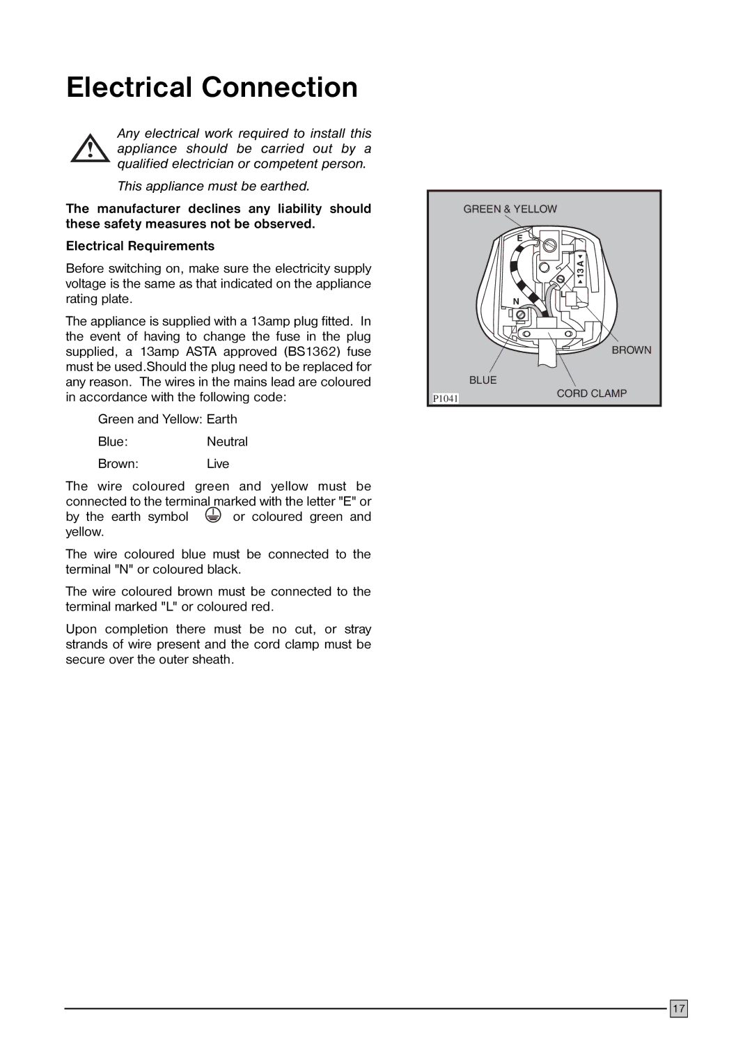 Electrolux ECN 1147 installation manual Electrical Connection, Green and Yellow Earth BlueNeutral Brown Live 