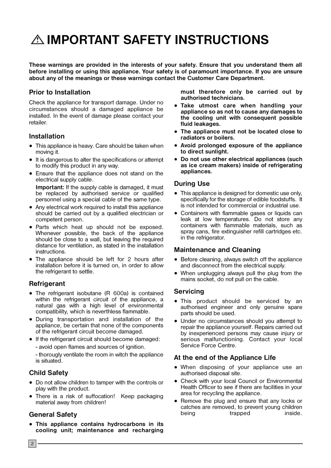 Electrolux ECN 1147 Prior to Installation, Refrigerant, Child Safety, General Safety, During Use, Maintenance and Cleaning 