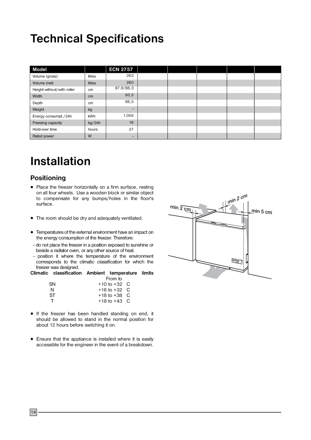 Electrolux ECN 2757 manual Technical Specifications, Installation 