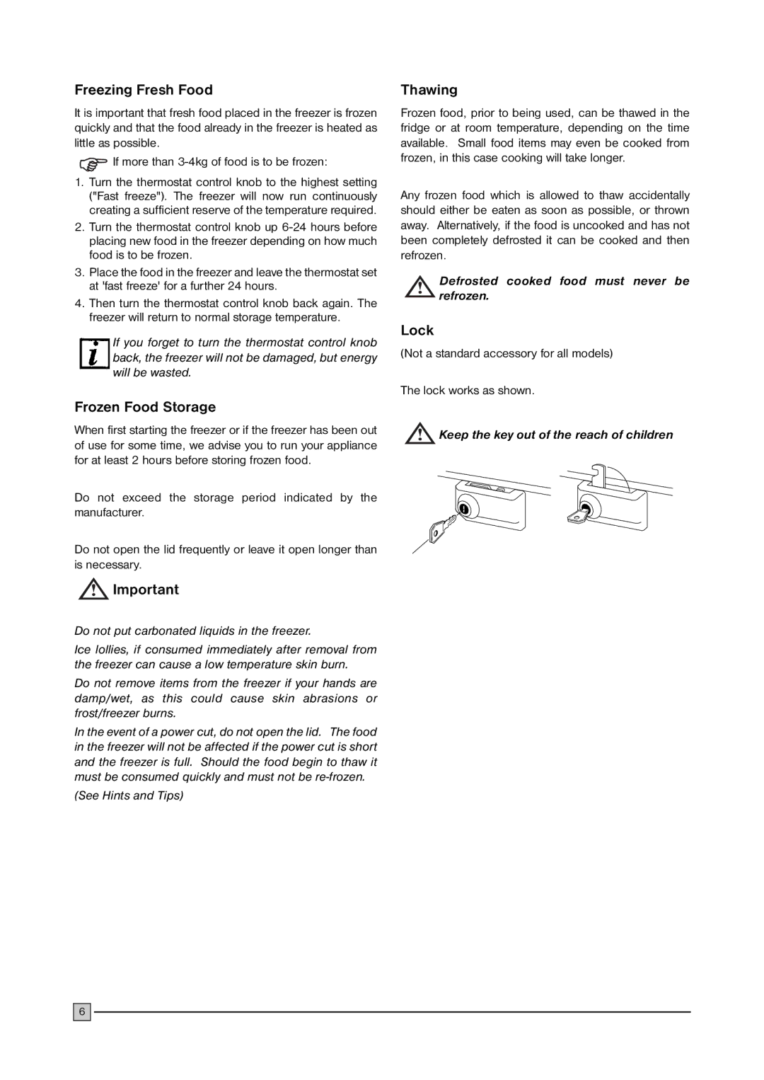 Electrolux ECN 2757 manual Freezing Fresh Food, Frozen Food Storage, Thawing, Lock 