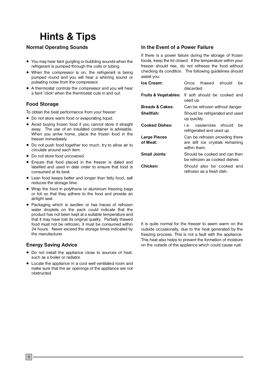 Electrolux ECN 2757 Hints & Tips, Normal Operating Sounds, Food Storage, Energy Saving Advice, Event of a Power Failure 