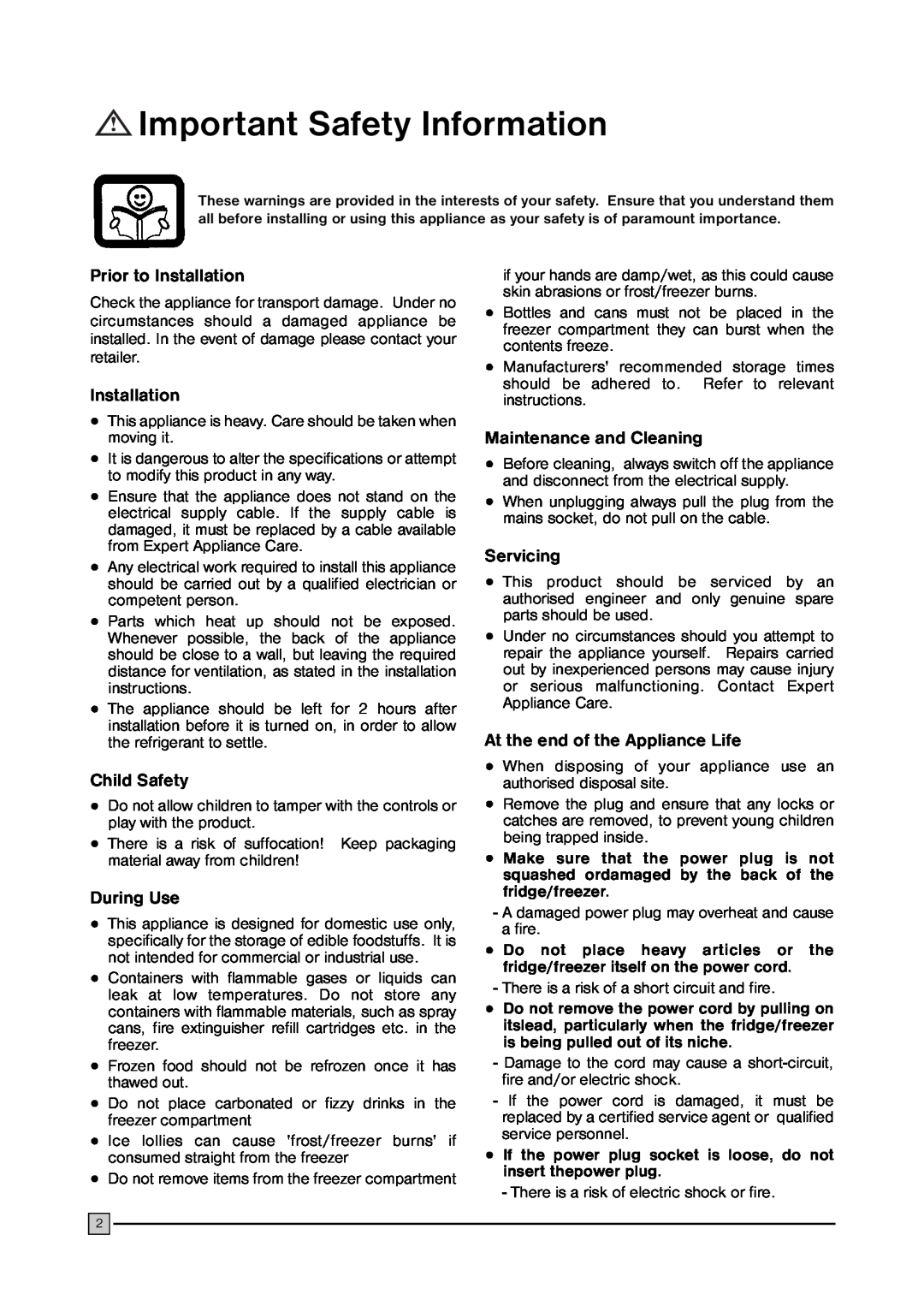 Electrolux ECN 2757 manual Important Safety Information, Prior to Installation, Child Safety, During Use, Servicing 