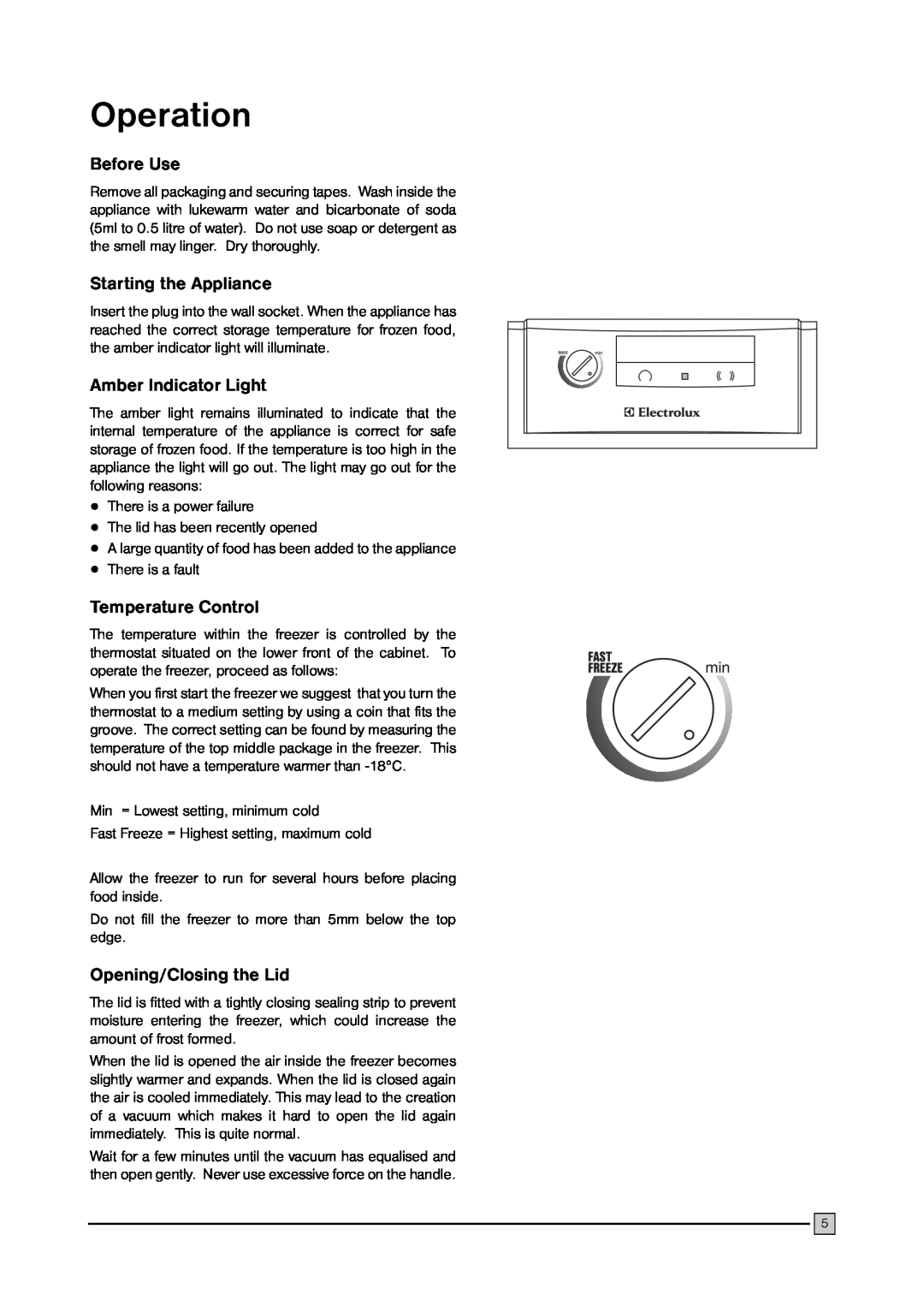 Electrolux ECN 2757 manual Operation, Before Use, Starting the Appliance, Amber Indicator Light, Temperature Control 