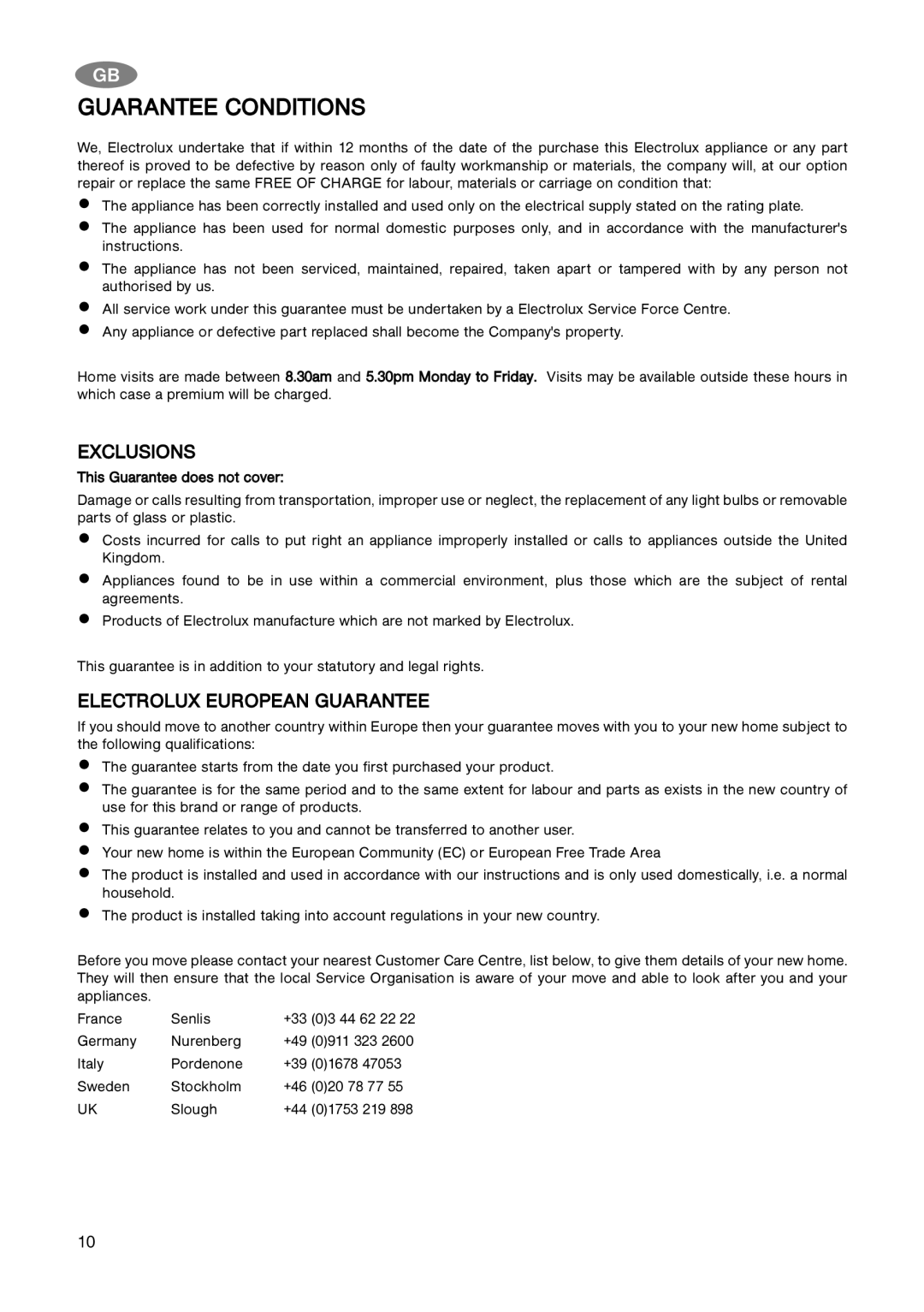 Electrolux ECN 4157, ECN 5157 installation manual Guarantee Conditions, Exclusions 