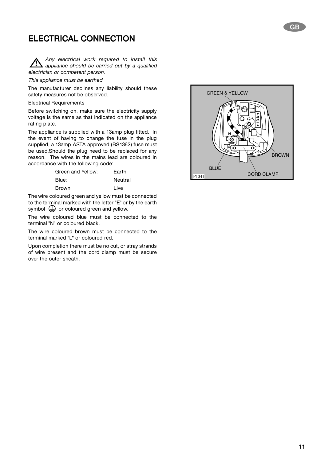 Electrolux ECN 5157, ECN 4157 installation manual Electrical Connection, Brown Live 