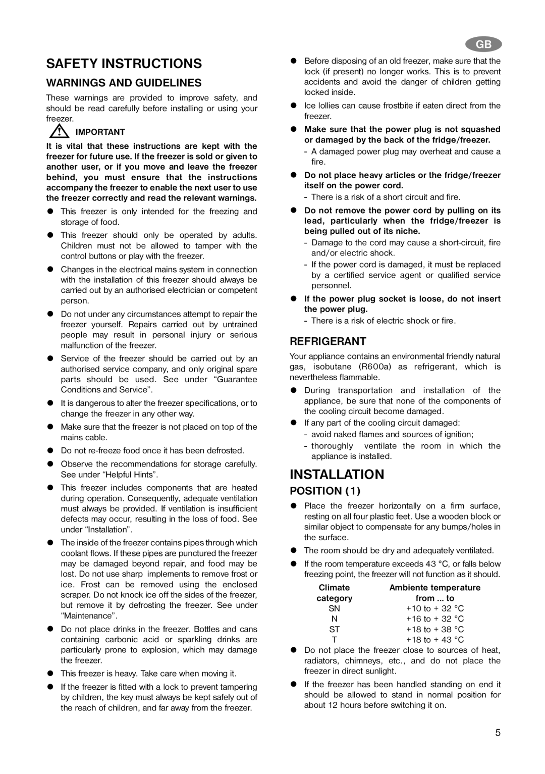 Electrolux ECN 5157, ECN 4157 installation manual Safety Instructions, Installation, Refrigerant, Position 