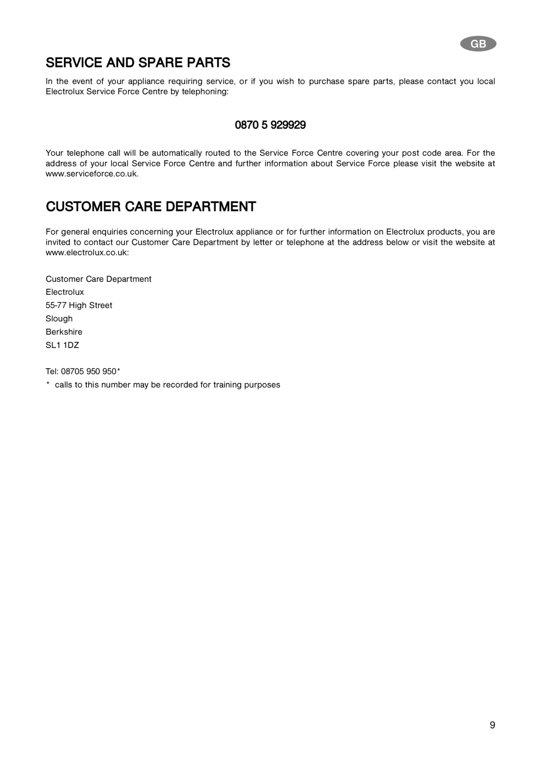 Electrolux ECN 5157, ECN 4157 installation manual Service and Spare Parts, Customer Care Department 