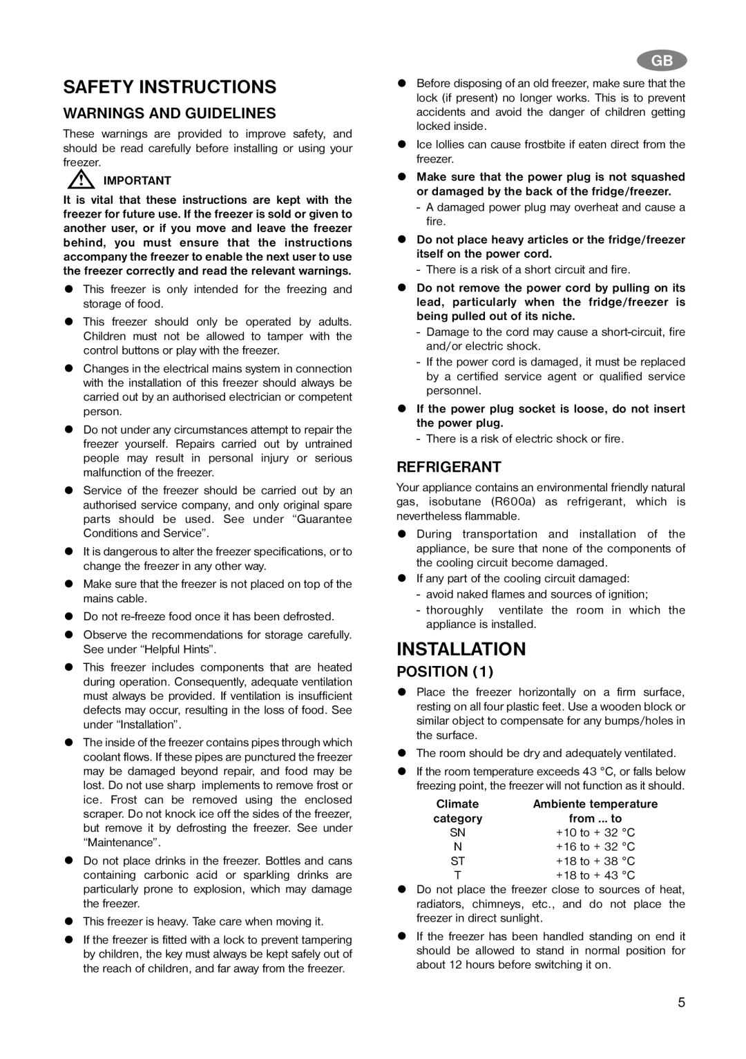 Electrolux ECN 5157, ECN 4157 Safety Instructions, Installation, Warnings And Guidelines, Refrigerant, Position 