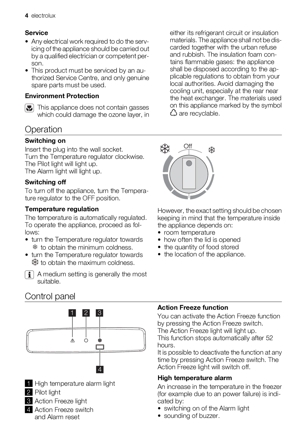 Electrolux ECN26104W user manual Operation, Control panel 