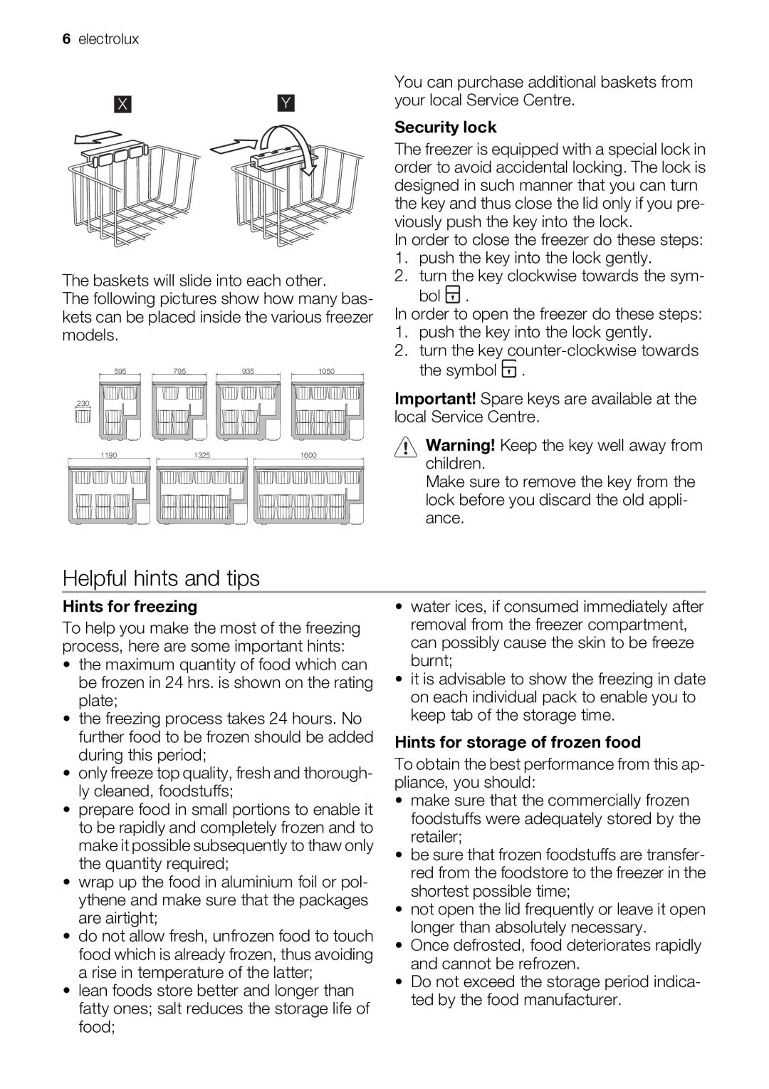 Electrolux ECN26104W Helpful hints and tips, Security lock, Hints for freezing, Hints for storage of frozen food 