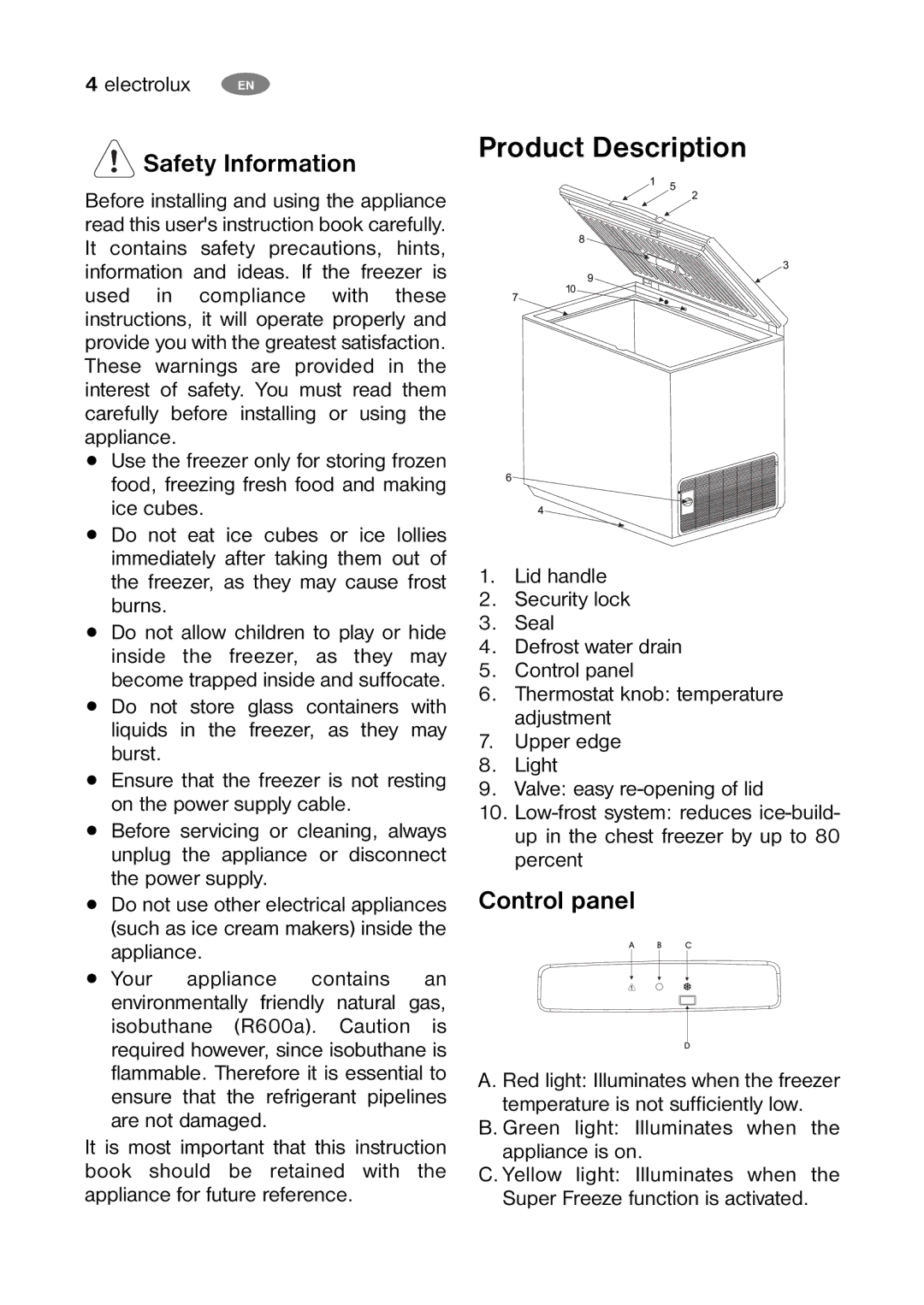 Electrolux ECN 26104 W, ECO 30112 W, ECN 50104 W, ECN 30104 W Product Description, Safety Information, Control panel 