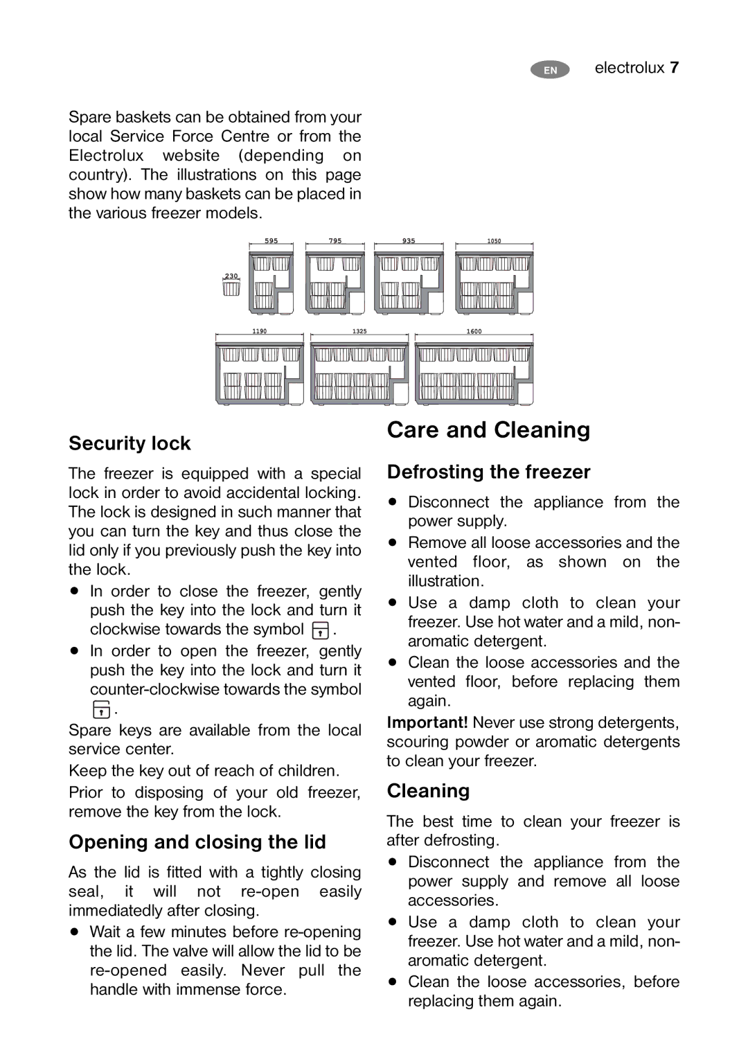 Electrolux ECO 30112 W, ECN 50104 W Care and Cleaning, Security lock, Opening and closing the lid, Defrosting the freezer 