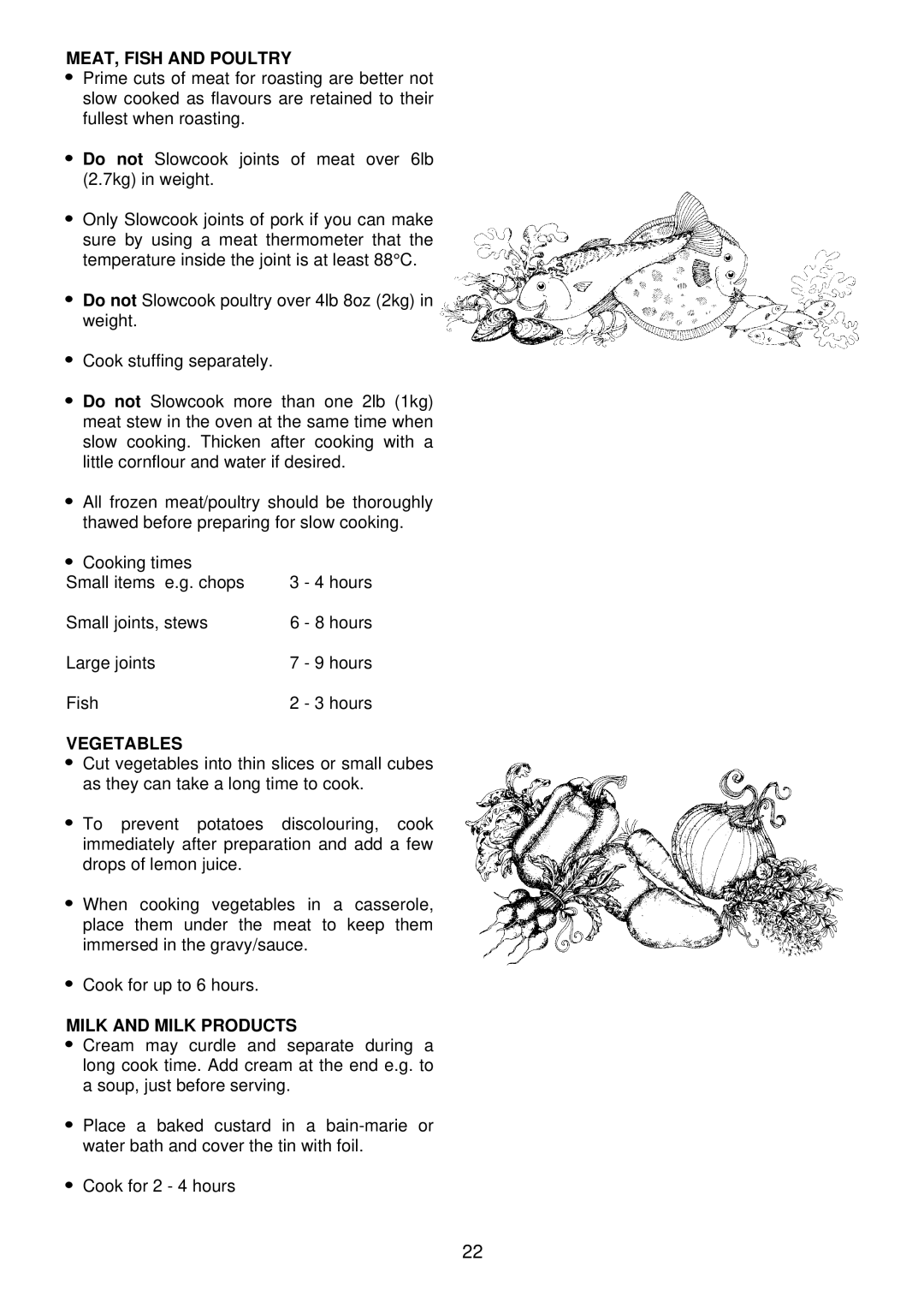 Electrolux EDB 872 manual MEAT, Fish and Poultry, Vegetables, Milk and Milk Products 