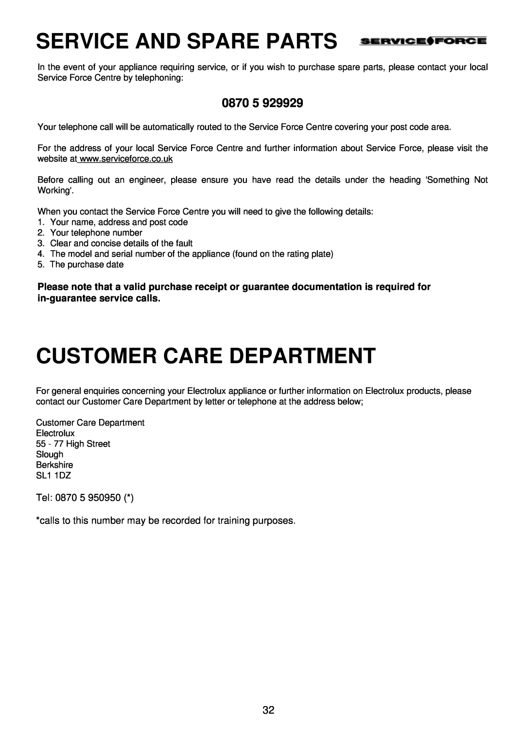 Electrolux EDB 872 manual 0870 5, Service And Spare Parts, Customer Care Department 