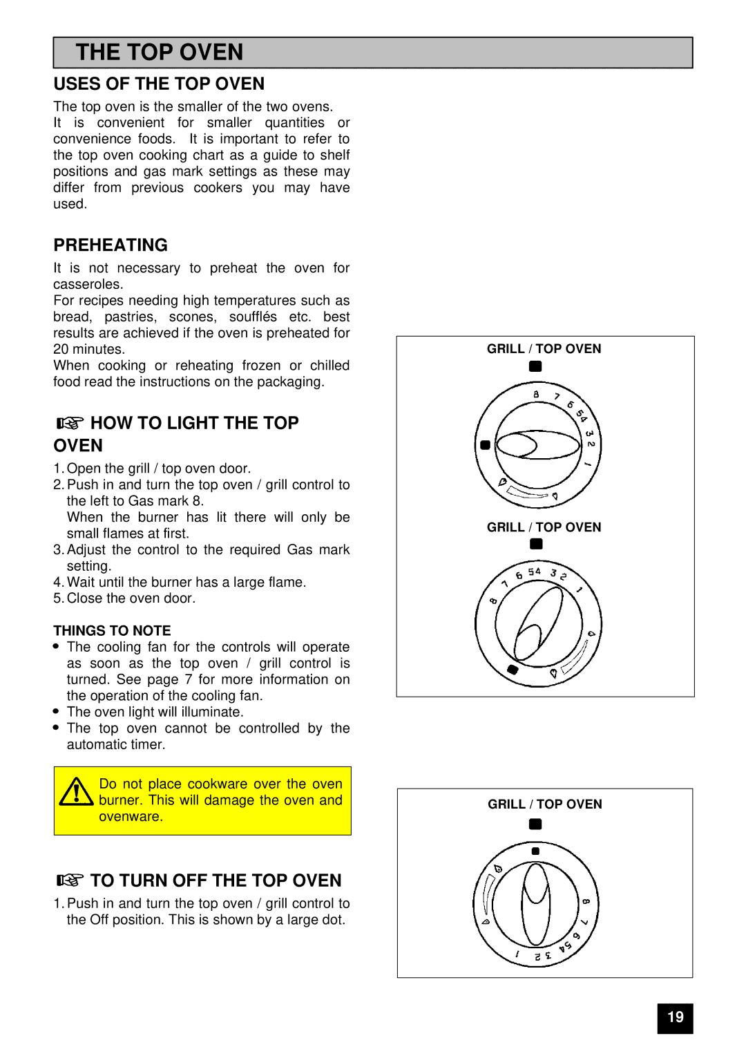 Electrolux EDB 874 manual Uses of the TOP Oven, Preheating, HOW to Light the TOP Oven, To Turn OFF the TOP Oven 