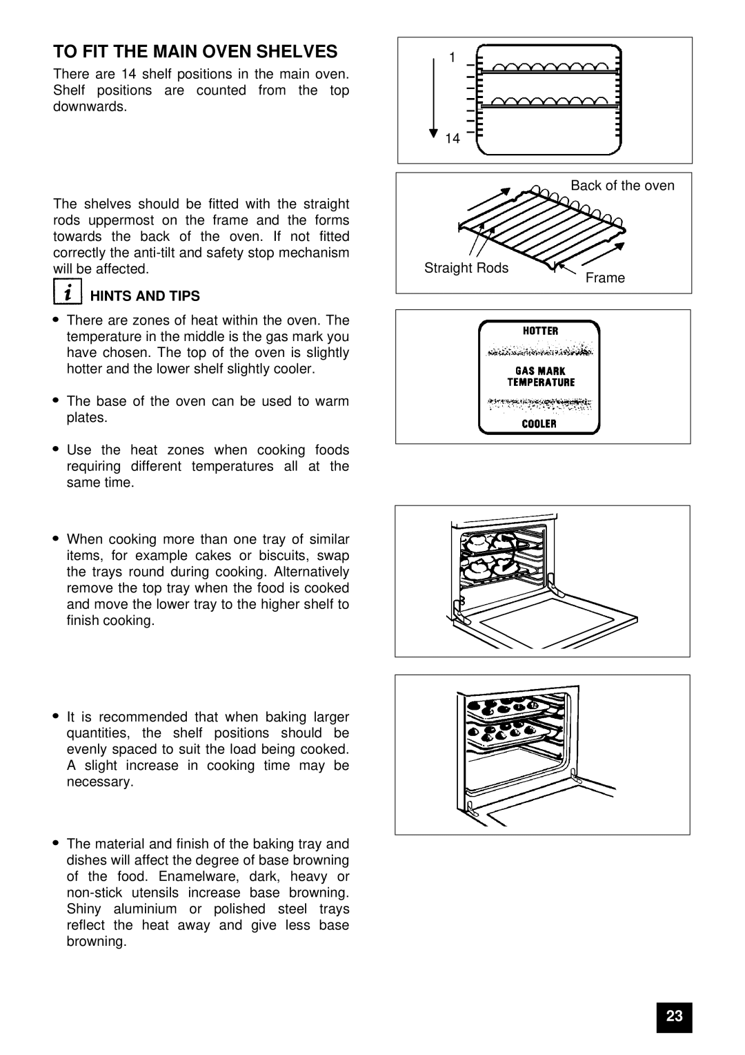 Electrolux EDB 874 manual To FIT the Main Oven Shelves, Hints and Tips 