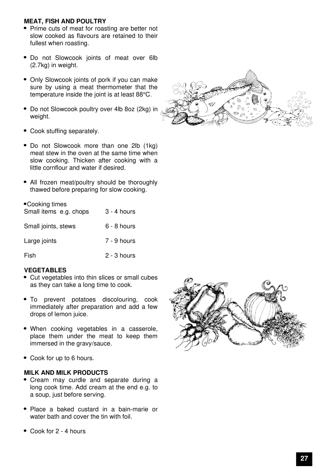 Electrolux EDB 874 manual MEAT, Fish and Poultry, Vegetables, Milk and Milk Products 