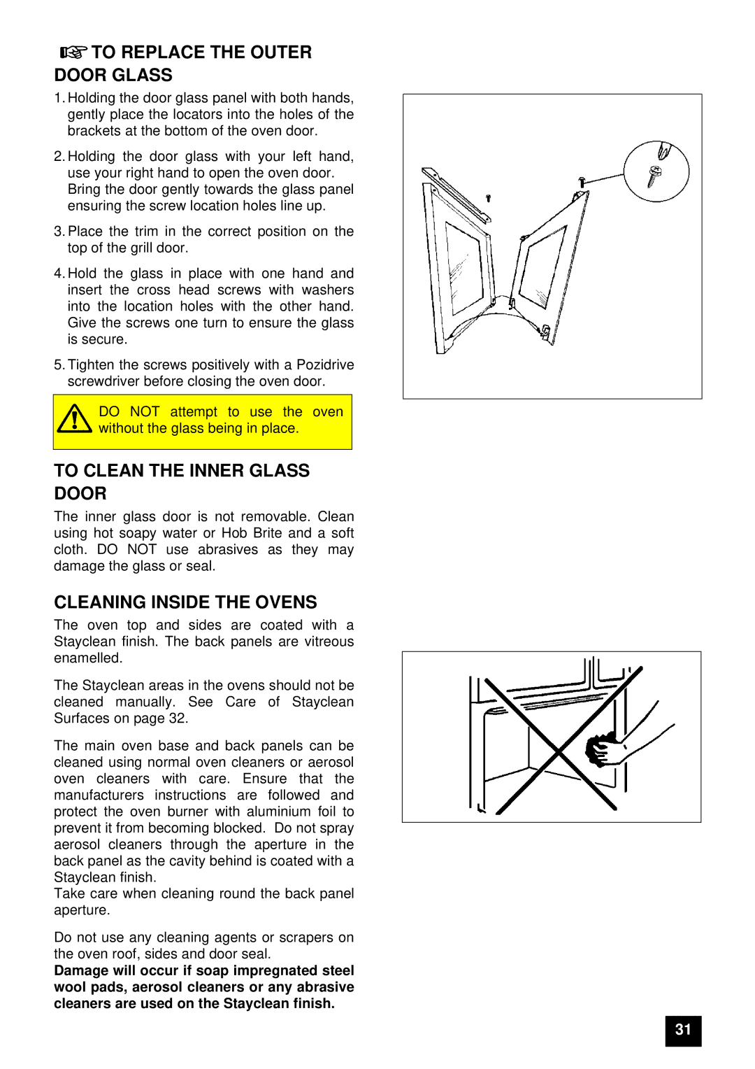 Electrolux EDB 874 manual To Replace the Outer Door Glass, To Clean the Inner Glass Door, Cleaning Inside the Ovens 