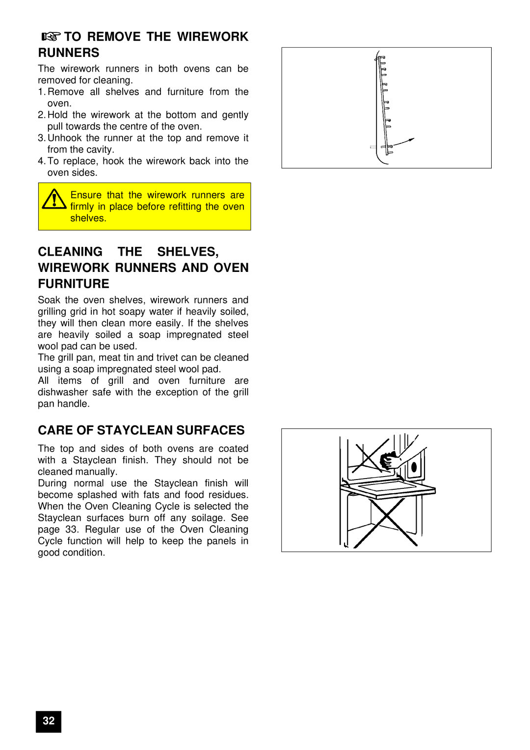 Electrolux EDB 874 manual To Remove the Wirework Runners, Cleaning the SHELVES, Wirework Runners and Oven Furniture 