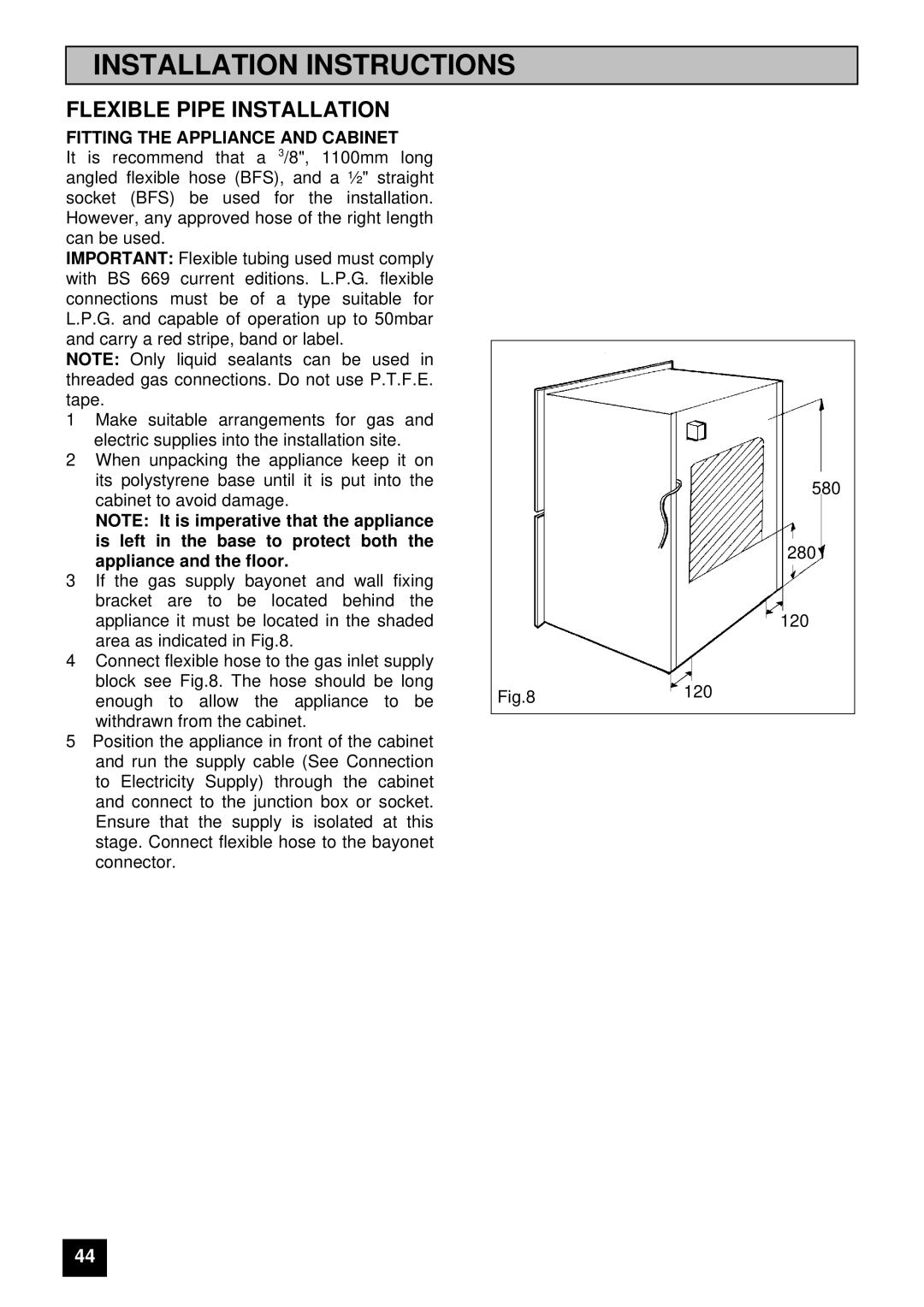 Electrolux EDB 874 manual Flexible Pipe Installation, Fitting the Appliance and Cabinet 